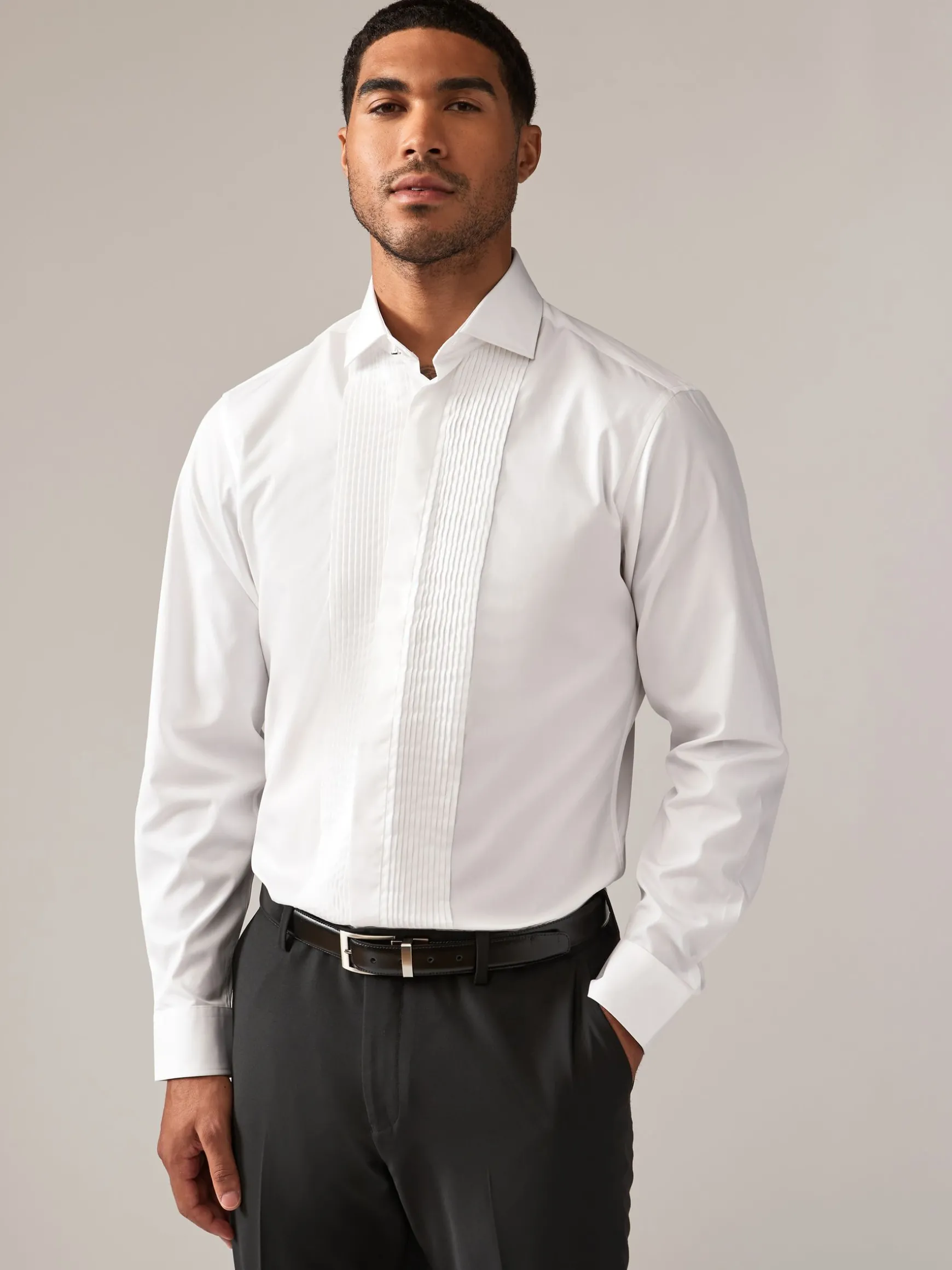 White Pleated Bib Front Dress Shirt